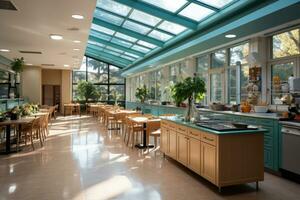 à l'intérieur cuisine école cantine dans moderne style professionnel La publicité la photographie ai généré photo