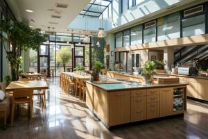 à l'intérieur cuisine école cantine dans moderne style professionnel La publicité la photographie ai généré photo