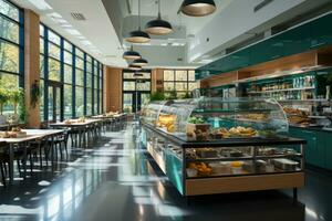 à l'intérieur cuisine école cantine dans moderne style professionnel La publicité la photographie ai généré photo