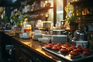 situation dans le cuisine dans le Matin professionnel La publicité la photographie ai généré photo