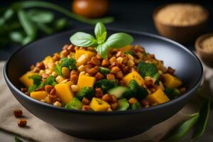 végétalien nourriture, salade avec pois chiches, citrouille et des légumes dans une bol sur une foncé Contexte. ai généré photo