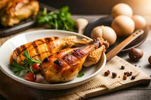 grillé poulet sur une assiette avec des légumes et des œufs. généré par ai photo