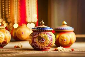 Trois coloré céramique des pots séance sur une tableau. généré par ai photo