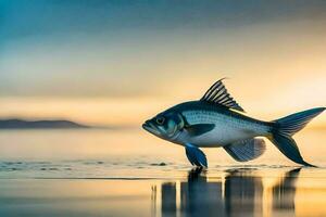 une poisson est permanent sur le plage à le coucher du soleil. généré par ai photo