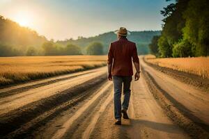 une homme dans une chapeau des promenades vers le bas une saleté route. généré par ai photo