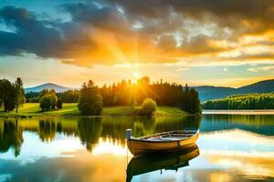 le bateau sur le Lac à le coucher du soleil. généré par ai photo