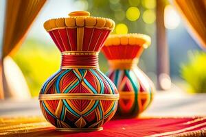 deux coloré des vases séance sur une tableau. généré par ai photo