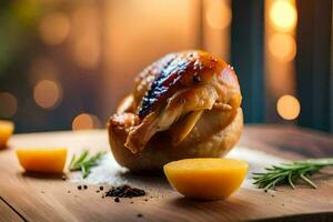 une poulet sur une en bois Coupe planche avec une tranche de citron. généré par ai photo