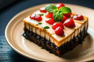 une pièce de gâteau avec baies et crème sur une plaque. généré par ai photo