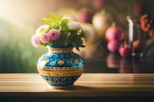 une vase avec fleurs sur une table dans de face de une la fenêtre. généré par ai photo