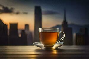 une tasse de thé sur une en bois table dans de face de une paysage urbain. généré par ai photo