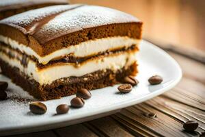 une tranche de gâteau sur une assiette avec café haricots. généré par ai photo