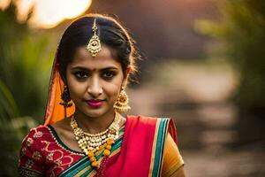 une magnifique Indien femme dans une traditionnel sari. généré par ai photo