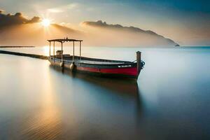 une bateau est assis sur le l'eau à le coucher du soleil. généré par ai photo