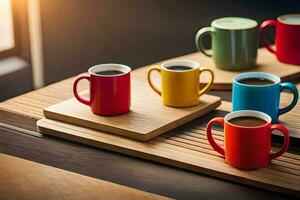 cinq différent coloré café tasses sur une en bois plateau. généré par ai photo