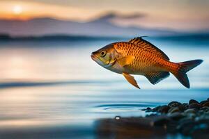 poisson sauter en dehors de le l'eau à le coucher du soleil. généré par ai photo