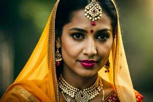 une magnifique Indien femme portant une traditionnel sari. généré par ai photo