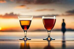 deux des lunettes de Bière sur une table avec une le coucher du soleil dans le Contexte. généré par ai photo