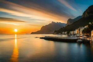 le Soleil ensembles plus de le mer et montagnes dans amalfi. généré par ai photo