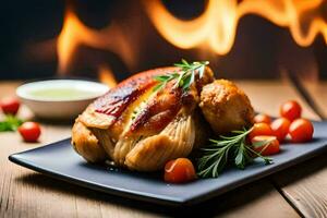 une poulet Sein avec tomates et herbes sur une noir plaque. généré par ai photo