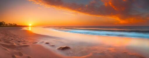 panoramique plage bonheur, tropical le coucher du soleil paysage marin, ai généré photo