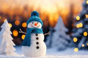 hiver pays des merveilles, bonhomme de neige et Noël arbre dans réaliste paysage, ai généré photo