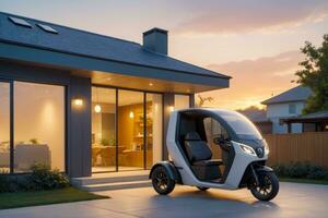 élégant ev e cargaison tricycle se prélasser dans le coucher du soleil lueur à l'extérieur moderne maison, ai généré photo