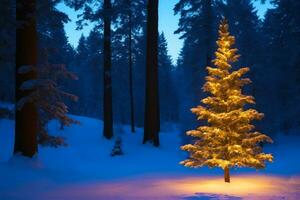 Noël la magie dans le forêt, la nuit scène, ai généré photo