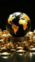 une noir et or globe entouré par une empiler de or pièces de monnaie verticale mobile fond d'écran ai généré photo