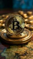 bitcoins à l'échelle mondiale atteindre représenté avec une globe et carte dans le Contexte verticale mobile fond d'écran ai généré photo