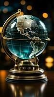 cristal globe intégré avec réel temps Stock données, une symbole de global la finance verticale mobile fond d'écran ai généré photo