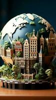 Terre globe dans papier style, complété par méticuleusement ouvré miniature bâtiments verticale mobile fond d'écran ai généré photo