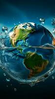 globe en forme de Terre fabriqué de transparent eau, orné avec captivant éclaboussures verticale mobile fond d'écran ai généré photo