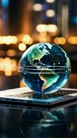 une verre globe sur une portable symbolise une global affaires la perspective verticale mobile fond d'écran ai généré photo