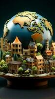 papier style Terre globe talent artistique avec charmant miniature bâtiments verticale mobile fond d'écran ai généré photo