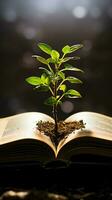 symbolique croissance une vert plante prospère au milieu de le pages de une livre verticale mobile fond d'écran ai généré photo