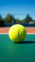 une vibrant Jaune Balle repose sur une professionnel raquette sur une bleu tennis tribunal tapis verticale mobile fond d'écran ai généré photo