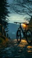 relaxant bicyclette balade sous le foncé nuit ciel, une paisible soir verticale mobile fond d'écran ai généré photo