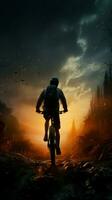 équitation une vélo à faciliter, embrassement le beauté de le nuit ciel verticale mobile fond d'écran ai généré photo