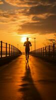 une silhouette de une Jeune aptitude passionné le jogging contre une étourdissant lever du soleil verticale mobile fond d'écran ai généré photo