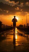 une silhouette de une Jeune aptitude passionné le jogging contre une étourdissant lever du soleil verticale mobile fond d'écran ai généré photo