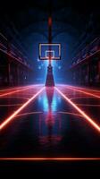 immersif virtuel sport 3d rendre de une néon allumé basketball des champs côté vue verticale mobile fond d'écran ai généré photo