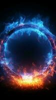 néon Feu illusion une cercle de bleu lumière simule le brûlant flammes verticale mobile fond d'écran ai généré photo