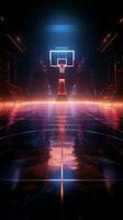 dynamique 3d rendre néon allumé basketball tribunal de une palpitant côté la perspective verticale mobile fond d'écran ai généré photo