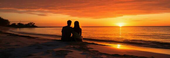 voyage de noces sérénité silhouettes de une couple, se prélasser dans le plages crépuscule ai généré photo