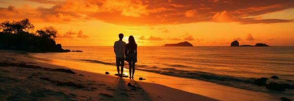 le coucher du soleil romance deux adultes étreinte sur une tropical plage, profiter soir tranquillité ai généré photo