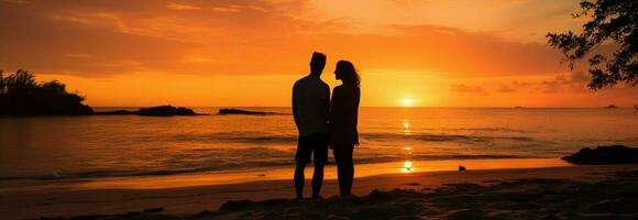 bord de mer l'amour silhouette couple chérir une romantique moment dans le crépuscule ai généré photo