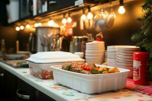 efficace vacances cuisine chaud ordres dans jetable des boites dans une de fête cuisine ai généré photo