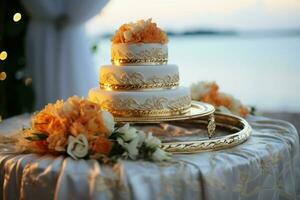 d'or mariage anneaux affiché sur une blanc oreiller, avec le les mariées bague ai généré photo