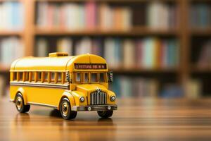 une miniature école autobus repose sur une en bois tableau, symbolisant éducation et transport ai généré photo